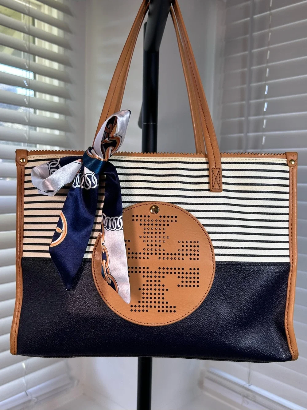 Tory Burch Ella Viva Leather Tote in the distinctive Navy Stripes & Shine design